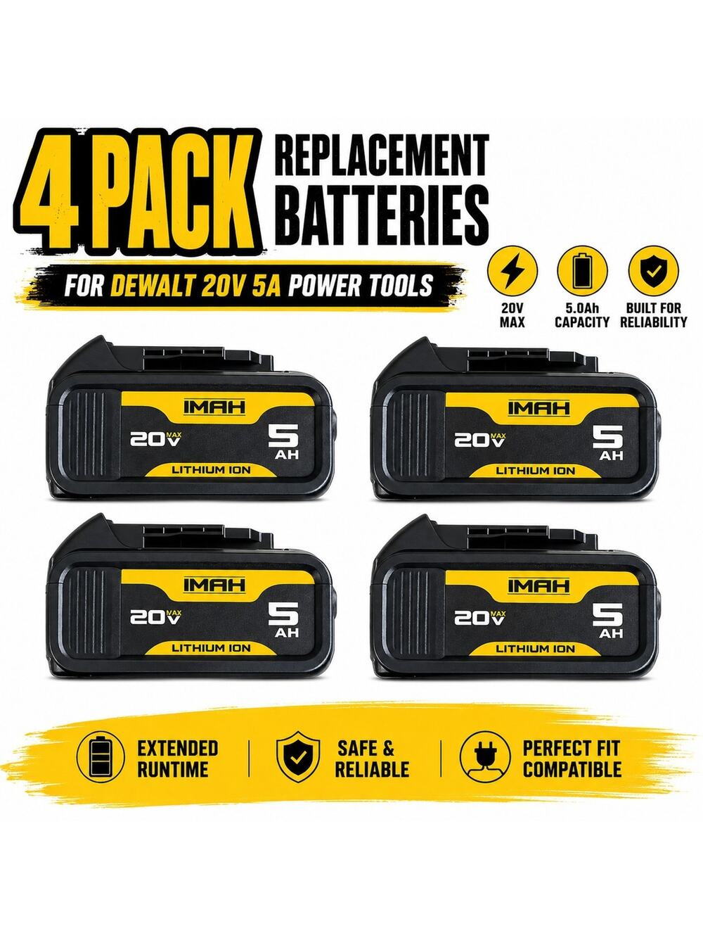4-Pack Replacement 20V Batteries For Dewalt Power Tools MAX 5.0Ah Lithium Ion